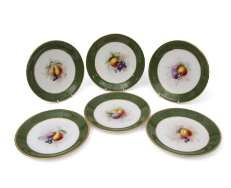 Group of six early 20th century Royal Worcester plates, the centres painted with fruit, signed by Chivers, within green borde