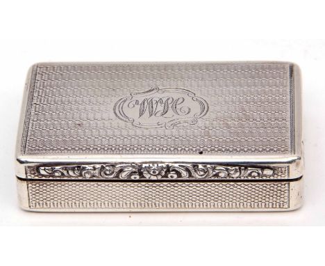 Large Victorian snuff box of rectangular form, having all over engine turned decoration, cartouche with initials WH to lid, c