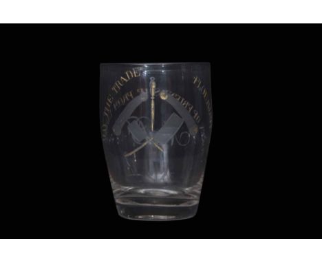 William Absolon engraved barrel glass, circa 1800, engraved in gilt with "A token of friendship from Yarmouth" and "May the t