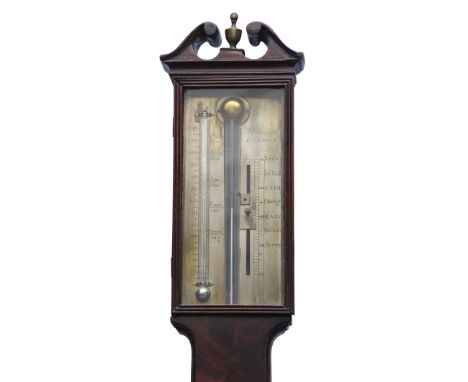 Malacrida, London 18th century mahogany cased stick barometer with silvered vernier and thermometer beneath a broken pediment