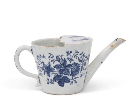 18th century Lowestoft porcelain feeding cup of typical form decorated with a print in underglaze blue with floral sprays, bu
