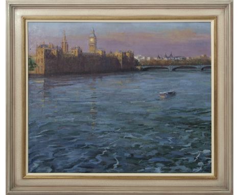 AR Bob Brown, NEAC, (contemporary)  "Afternoon Light, Palace at Westminster"  oil on canvas, signed lower right, 74 x 89cm  P