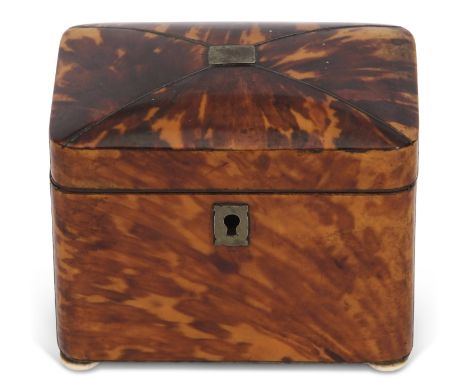 Small blonde tortoiseshell tea caddy, the lid with white metal stringing and central name plate over a single lidded full wid