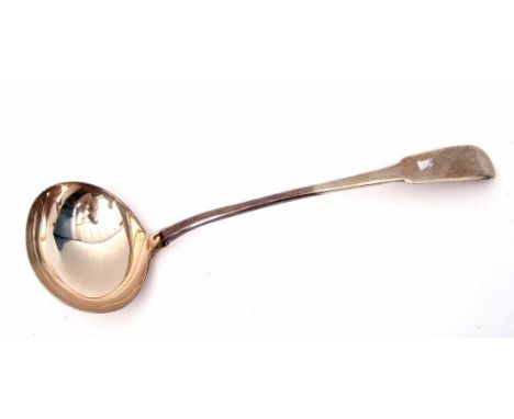 George IV provincial large soup ladle in Fiddle pattern with oval bowl, Exeter 1825 by William Woodman, 33cm long, 215g