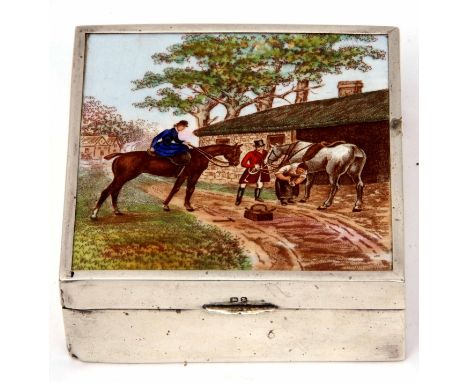 Late Victorian silver encased cigarette box of plain square design, the top with lithographic and hand painted panel depictin