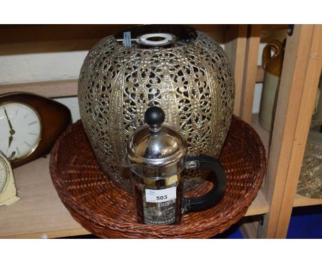 A three cup cafetiere together with a white metal light shade and a basket/tray
