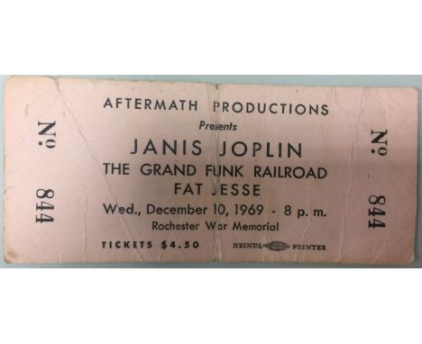 JANIS JOPLIN 1969 TICKET. A ticket stub for a Janis Joplin concert at the Rochester War Memorial, NY in 1969. Handwritten add