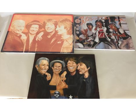 STONES PAINTING AND CANVAS PRINTS. Three canvas prints of The Stones, one caricature style measuring 30 x 22", one in comic b