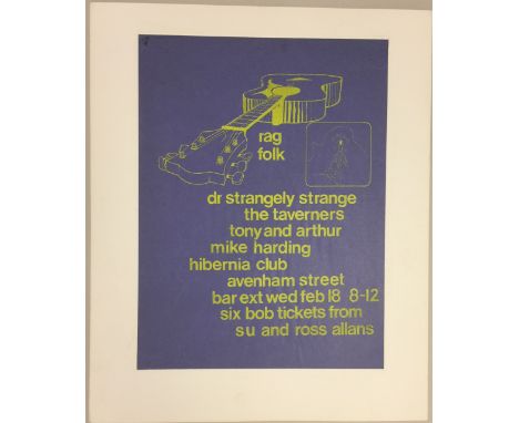 DR STRANGELY STRANGE PRESTON 1970 POSTER. A rarely seen original poster for a 'Rag Folk' event circa 1970 in Preston at Hiber
