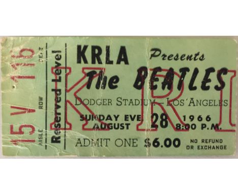 BEATLES DODGER TICKET. A 1966 ticket stub for a Beatles performance at Dodger Stadium, Los Angeles. Shows some creasing and w