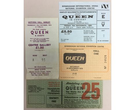 QUEEN TICKETS 70s/80s. Four original Queen ticket stubs to include; 31st October 1974 at Victoria Hall, Hanley, Birmingham NE