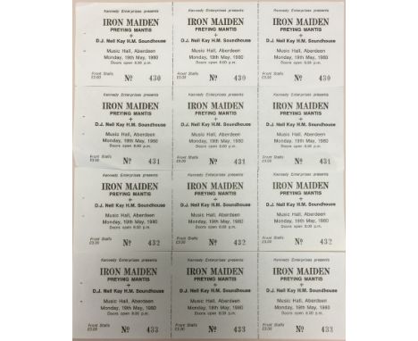 UNUSED IRON MAIDEN 1980 TICKETS. A run of four original and un-torn ticket for Iron Maiden's 1980 show at the Music Hall, Abe