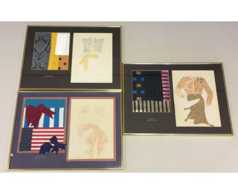 ADAM & THE ANTS COSTUME DESIGNS. 3 framed design boards with each containing sample material and a sketch of how the costumes