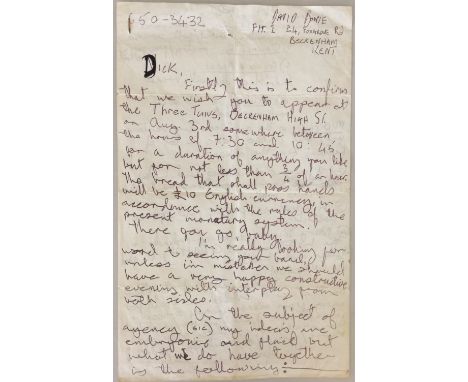 DAVID BOWIE 4 PAGE HANDWRITTEN LETTER FROM 1969. Incredible piece of early David Bowie history in the form of a 4 page letter