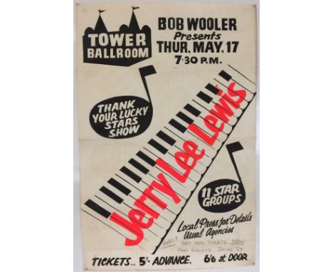 JERRY LEE LEWIS POSTER. An original UK one sheet (20x30") poster for Jerry Lee Lewis at the Tower Ballroom in 1962. Handwritt