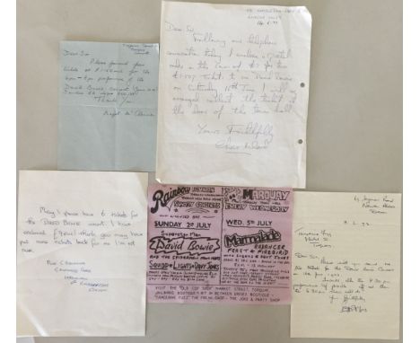 DAVID BOWIE FLYER & TICKET REQUESTS. Flyer for his performance at the Rainbow Pavillion in 1972 plus 4 letters from fans requ