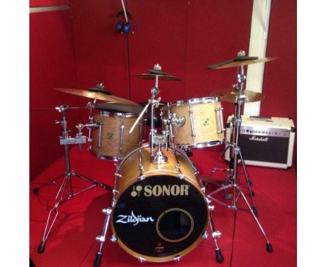 SONOR FORCE MAPLE DRUM KIT WITH STICKS AND SPARES. A complete, used six piece Sonor Maple Force drum kit to include bass drum