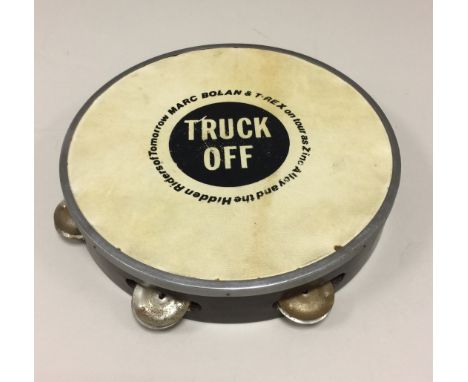 BOLAN TAMBOURINE 1974. A tambourine with printed skin to read "Marc Bolan and T.Rex on tour as Zinc Alloy and the Hidden Ride