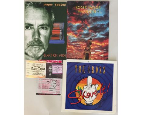 ROGER TAYLOR SIGNED. Six pieces of Roger Taylor memorabilia, three of which are signed. To include; a 15x21cm promotional fly
