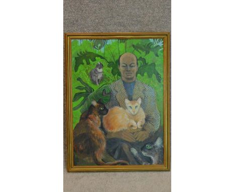 A framed oil on panel, portrait of a man with cats, Madeleine Pearson. 5x56cm 