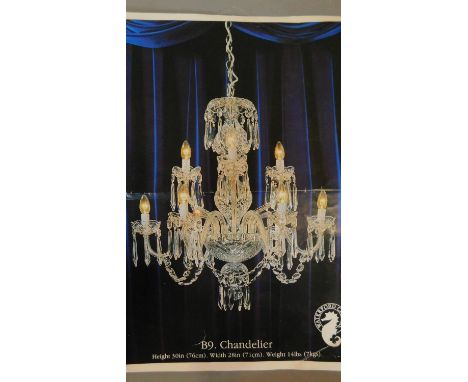A Waterford crystal six branch chandelier. H.76 W.28. dismantled with original company advertising photo. some drops missing.