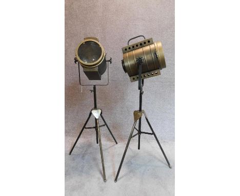 A pair of vintage style spotlights on tripod bases H.109cm 