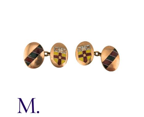 A Pair of Cufflinks in 9K rose gold with enamel crest and design.  Hallmarked for 9ct gold.Size: 1.8cm X 1.3cmWeight: 8.0g 