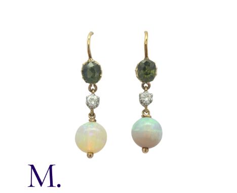 A Pair of Tourmaline, Diamond and Opal Earrings, in yellow gold, each comprising a cushion cut tourmaline, suspending an arti