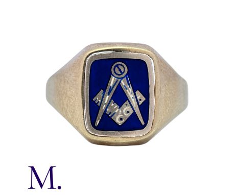 A Masonic Swivel Ring in yellow gold, the signet ring with blue enamel set with gold square and compass motif to one side, th
