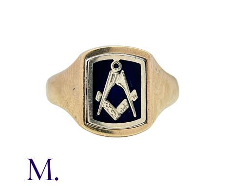 A Masonic Swivel Ring in 9k yellow gold, the signet ring with blue enamel set with gold square and compass motif to one side,