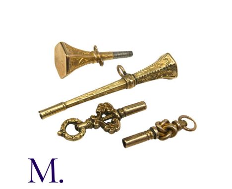 NO RESERVE - A Set of Four Pocket Watch Winders, one set with round stone.  Unmarked but tests indicate 9K gold (one with met