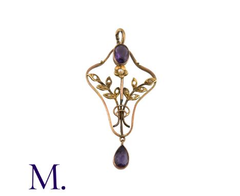 An Amethyst And Pearl Pendant in 9k yellow gold, the open work foliate and scrolling form set with an oval shaped amethyst an