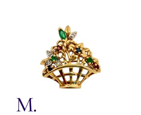 A Gemset Giardinetto Brooch in yellow gold, designed as a basket of flowers, set with diamonds, sapphires, rubies and emerald