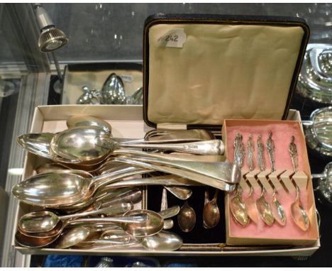 A collection of silver spoons, 18th to 20th century, various dates and makers, including table, dessert, tea, coffee and cadd