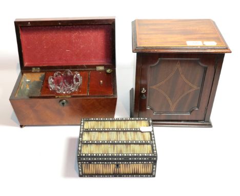 19th century tea caddy with mixing bowl; a small mahogany cabinet; a small cupboard; and a porcupine box