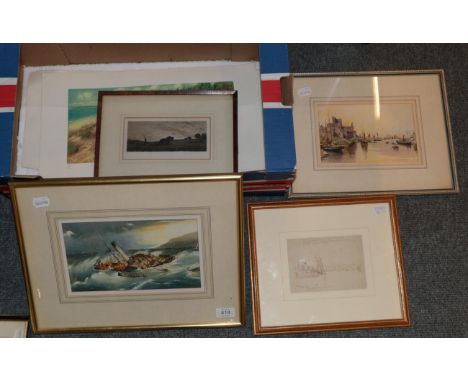 ^ John Millar Nicholson (1840-1913), A rescue at sea, signed, watercolour; Peel Castle, a signed watercolour and Sketch for P