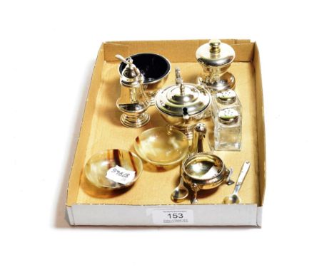 A quantity of silver condiment items, including: an Elizabeth II mustard-pot and similar salt-cellar and pepper-shaker, with 