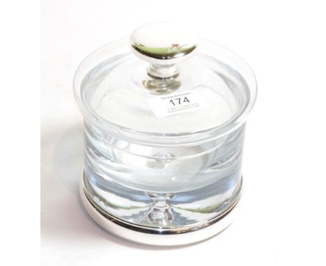 An Elizabeth II silver-mounted glass jar and cover, by Broadway and Co., Birmingham, 2005, the glass body with plain silver m