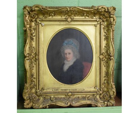 Circle of Francis Alleyne, Portrait of Margaret, Lady Middleton wearing a lace bonnet, oil on panel, feigned oval, 24cm by 19