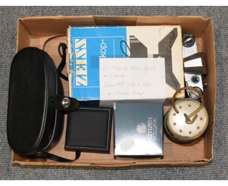 Assorted cameras and photographic accessories including Citizen Eco-drive, Casio, Swift 10 x 50 binoculars and miners lamp