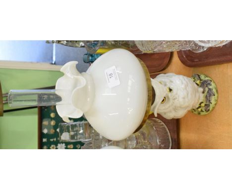 ^ A ceramic owl oil lamp, white gloss with glass eyes, reservoir and shade, stamped William Whiteley to base