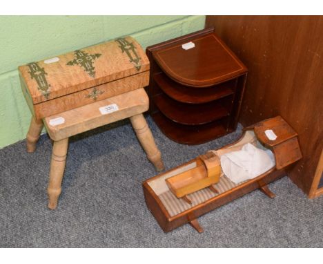 ^ A Victorian brass mounted glove box; an Edwardian mahogany four-tier small corner shelf; a small 19th century milking stool