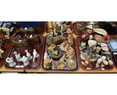 Three trays of ceramic including Royal Doulton character jugs, Beswick cat, Rosenthal china figure, Border Fine Art animal fi