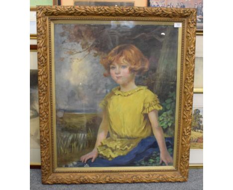 English School (20th century) Portrait of a young girl, seated half length, with ginger hair, blue eyes and wearing a yellow 