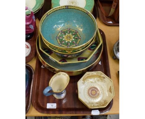 ^  Large lustre bowl decorated with fish by Wilkinsons, Grimwades Byzanta wear lustre bowl, a Minton blue round and fruit dec