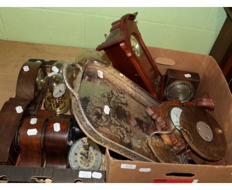 An oak cased aneroid desk barometer, day/date desk calendar, selection of mantle timepieces etc (in two boxes)