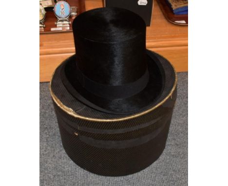 Silk top hat by G A Dunn &amp; co Piccadilly circus London, with cardboard hat box and a military brass compass in leather ca