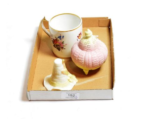 ^ Royal Worcester small pot pourri in the form of a shell and a candle snuffer in the form of a hat; together with a Chamberl