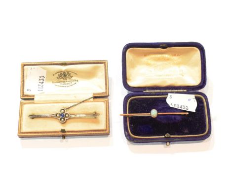 A sapphire and seed pearl bar brooch, length 5.5cm; and an opal bar brooch, length 5.5cm (2) .  Sapphire and seed pearl bar b