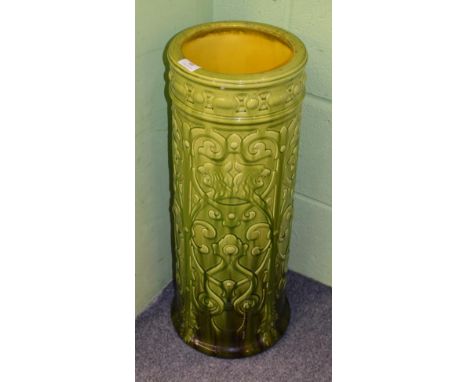 ^ A Bretby green glazed cylindrical ceramic stick stand, impressed '625 England', 63cm high